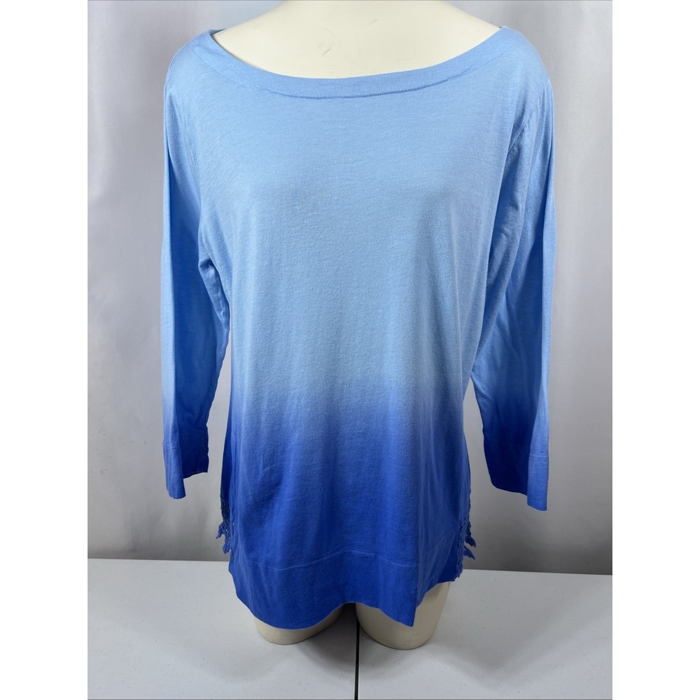 PrAna  3/4 Sleeve Boho Top Gradient Blue Fade Hippie Lace‎ Trim Size Large